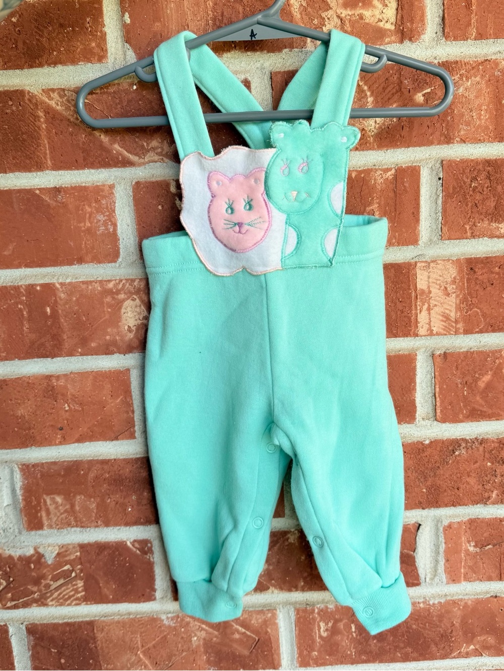 Vintage Mint Green Baby Overalls with Animal Appliqué